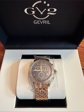 New in Box Gevril GV2 Ladies Gold Chronograph Watch with diamonds 36MM